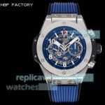 HBF Super Clone Hublot Big Bang Unico Blue Skeleton Dial 45mm Rubber Strap Watch 